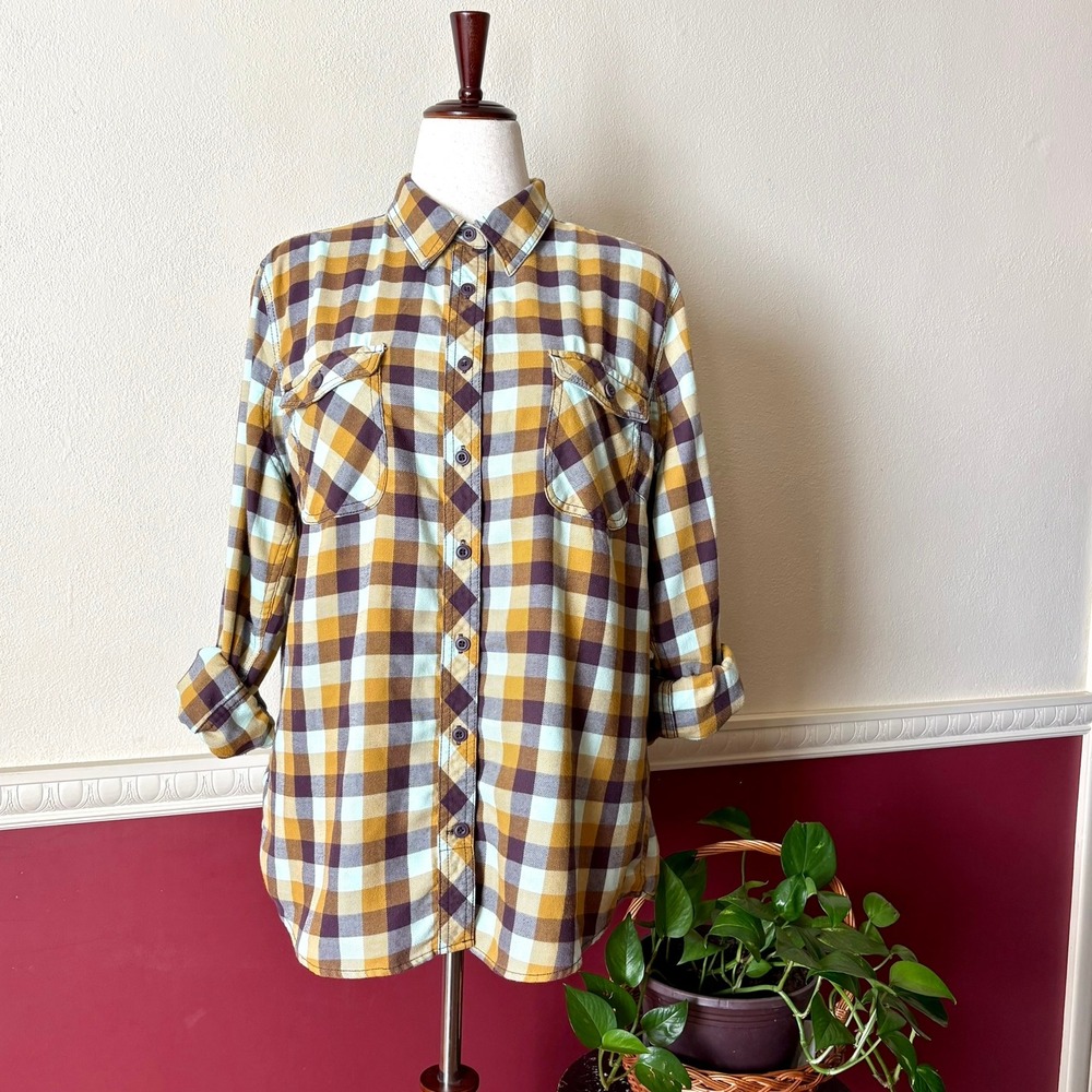 Duluth Trading Crosscut Wicking Flannel Shirt Mustard Plum Plaid Roll Tab Work